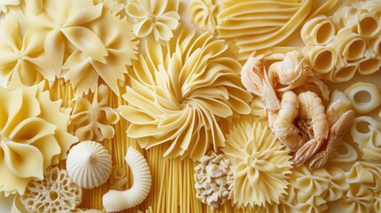 Aufkleber - Variety of uncooked pasta shapes arranged artistically with shrimp on wooden background, includes copy space for text.