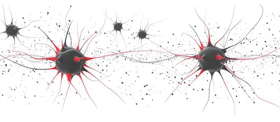 Poster - Abstract illustration of black and red neurons with extended axons on a white background with Copy Space for text.
