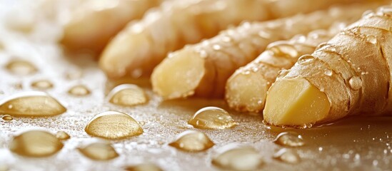 Aufkleber - Fresh ginger root with water droplets on a textured surface showcasing details and Copy Space for text.