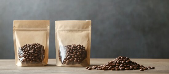 Poster - Two transparent bags of coffee beans on a wooden surface with scattered beans and a textured gray background, Copy Space.