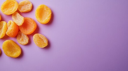 Poster - Dried apricots scattered on a purple background with ample copy space for text.