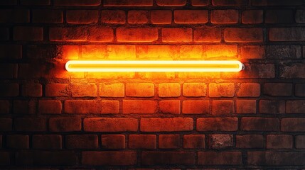 Poster - Neon light glowing against a textured brick wall with warm orange illumination and ample copy space for text placement.