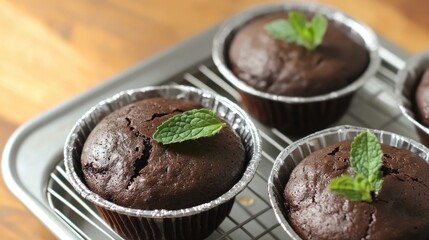 Poster - Chocolate cupcakes with fresh mint leaves on wire rack and wooden background, Copy Space