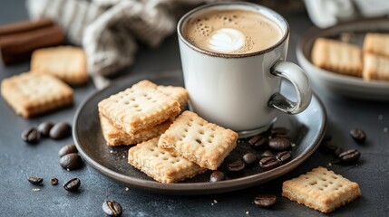 Aufkleber - Coffee cup with frothy milk on a dark table alongside butter biscuits and coffee beans with Copy Space