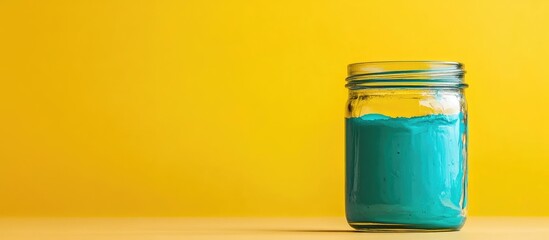 Fototapete - Bright yellow background with a glass jar filled with turquoise paint showcasing vibrant colors and Copy Space for design use.