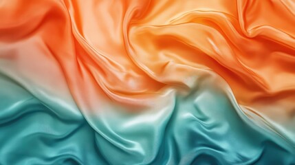 Poster - Colorful silky fabric texture background with flowing waves in orange and turquoise hues. Copy Space for text.
