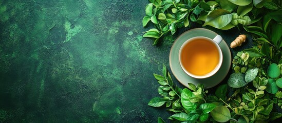 Poster - Cup of herbal tea surrounded by fresh green leaves on dark textured background with Copy Space