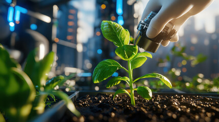 Aufkleber - futuristic agricultural hub showcasing advanced technology nurturing young plant. scene highlights innovation in sustainable farming practices