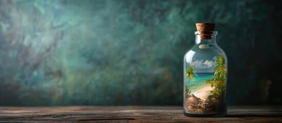 Poster - Glass bottle containing a miniature beach scene with sand and greenery on a wooden surface Copy Space