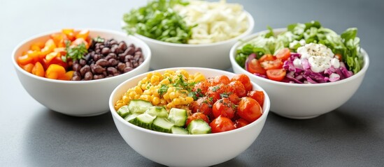 Poster - Bowl of fresh ingredients including cherry tomatoes, black beans, corn, cucumber, and mixed greens with copy space
