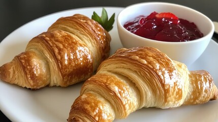 Aufkleber - Freshly baked golden croissants served with a bowl of vibrant red fruit jam on a white plate with green garnish Copy Space