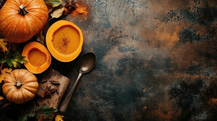 Poster - Autumn still life with pumpkins and squash on rustic wooden table with spoon and leaves Copy Space for text