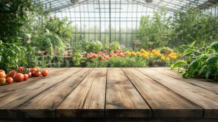 Poster - Greenhouse interior with fresh vegetables on wooden table in the foreground and plants in the background Copy Space