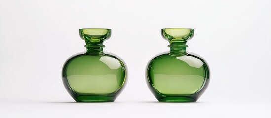 Poster - Two green glass vases with round bodies and narrow necks on a white background with Copy Space