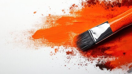 Poster - Orange paint stroke with a brush on white background with Copy Space for artistic design or painting projects