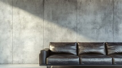 Poster - Modern black leather sofa against a textured concrete wall with natural light creating shadows and ample copy space for text.