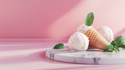 Poster - Ice cream cones with mint leaves displayed on a marble board against a pink background with Copy Space for text placement