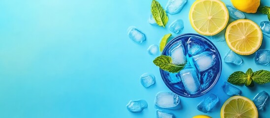 Aufkleber - Refreshing blue cocktail with ice cubes, lemon slices, and mint leaves on a blue background with Copy Space for text.
