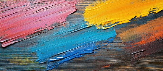 Poster - Colorful abstract painting texture with brush strokes and vibrant hues of pink, blue, yellow, and orange on a dark background with Copy Space