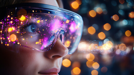 Poster - close up of person wearing augmented reality glasses, showcasing vibrant lights and reflections. image captures sense of innovation and technology