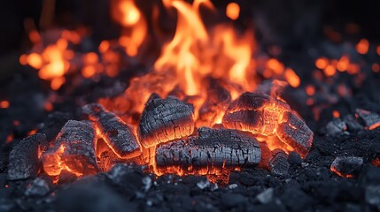 Poster - Burning embers and glowing coals with flames in a dark background providing copy space for text