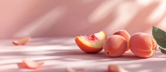 Poster - Fresh peaches on a pink background with leaves and petals, showcasing textures and colors, Copy Space available for text.
