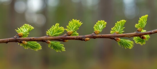 Poster - New growth of green coniferous leaves on a branch with blurred forest background and ample copy space for text
