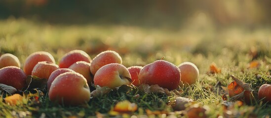 Poster - Ripe red apples scattered on grass in autumn setting with warm golden sunlight and a soft bokeh background Copy Space