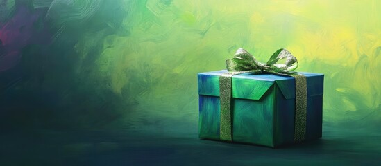 Poster - Colorful wrapped gift box on a textured green background with copy space for text