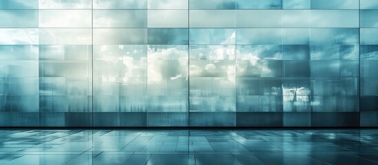Poster - Abstract modern glass wall with reflections and cloudy sky, urban architecture background with copy space for text or design elements.