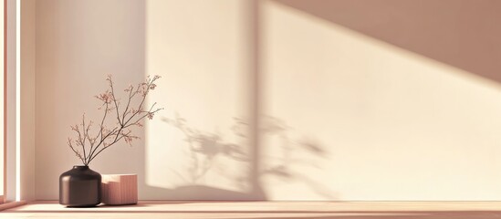 Poster - Minimalistic interior with vase and branches casting shadows on a wall Copy Space
