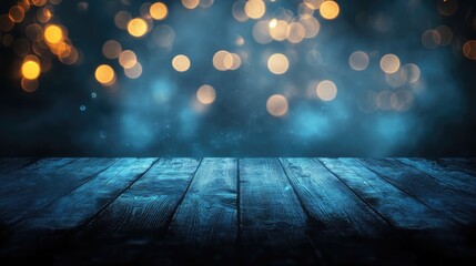 Poster - Blurred blue background with warm bokeh lights and wooden tabletop for display and copy space