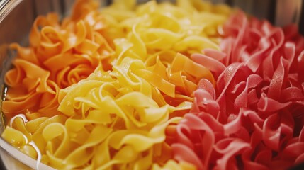 Poster - Colorful assortment of uncooked pasta noodles in yellow orange and red arranged in a bowl with Copy Space