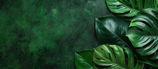 Poster - Lush green tropical leaves on dark textured background with copy space for text or graphics ë””ìžì¸.