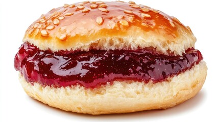 Poster - Sesame topped donut with jam filling on a white background with copy space