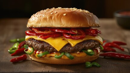 Poster - Cheeseburger with grilled peppers and chili on sesame seed bun with wooden background Copy Space