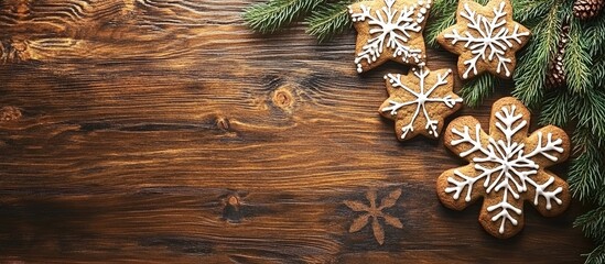 Poster - Gingerbread cookies in snowflake and star shapes on a wooden background with pine branches and copy space for text