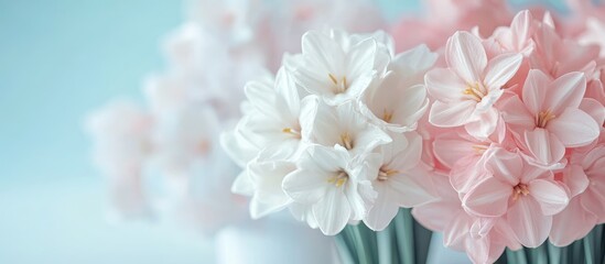 Poster - Soft pastel colored flowers in a vase with a blurred background and ample Copy Space for text placement.