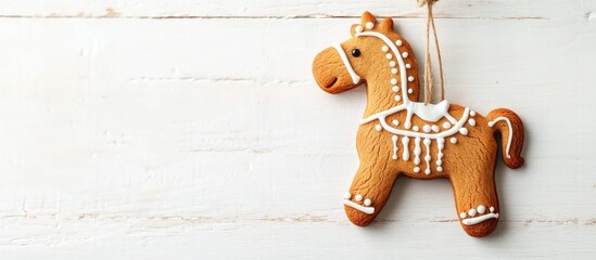 Poster - Gingerbread horse ornament on a rustic wooden background with copy space for text