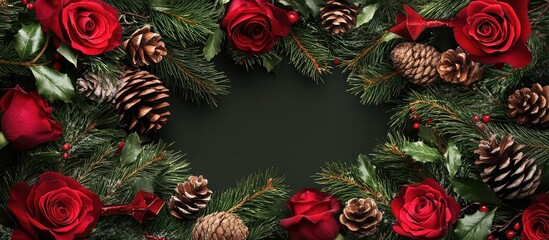 Aufkleber - Christmas wreath with red roses pinecones and green foliage on dark background with Copy Space for text insertion