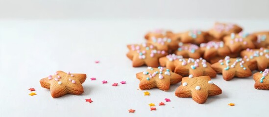 Poster - Decorative star-shaped cookies decorated with colorful sprinkles on white background with Copy Space