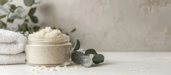 Aufkleber - Natural spa setting with exfoliating body scrub in glass jar surrounded by soft towels and green leaves Copy Space