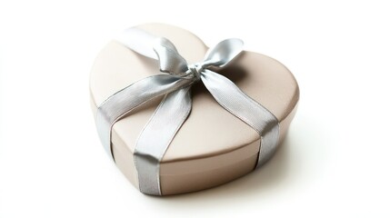 Poster - Heart-shaped gift box with silver ribbon on white background and Copy Space for text placement