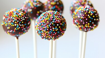 Poster - Colorful chocolate cake pops with sprinkles on white background Copy Space