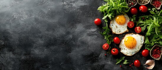 Poster - Fried eggs with cherry tomatoes and fresh greens on dark stone background with Copy Space for text placement