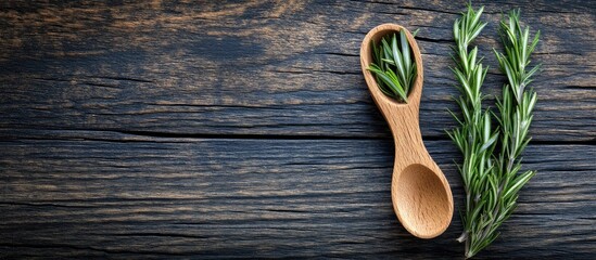 Aufkleber - Fresh rosemary leaves on a wooden table with a wooden spoon Copy Space