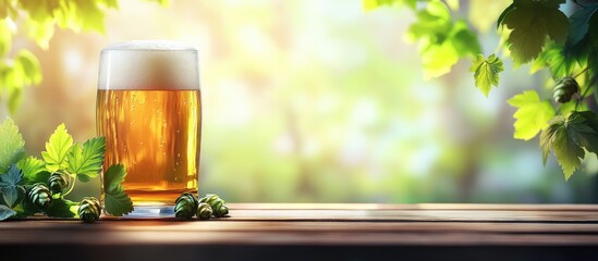 Poster - Glass of beer with foam on a wooden table surrounded by green leaves and soft blurred background with copy space for text