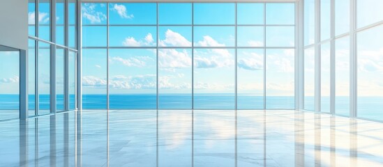 Poster - Modern empty interior with large glass windows showcasing ocean view and blue sky, minimalistic design and ample copy space for text.
