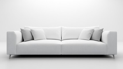Poster - Modern minimalist white sofa with cushions in bright interior setting with Copy Space for text.