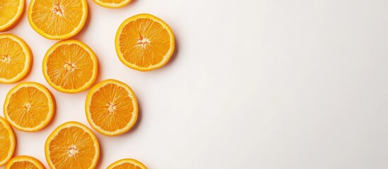 Poster - Orange slices arranged on a white background with copy space for text placement